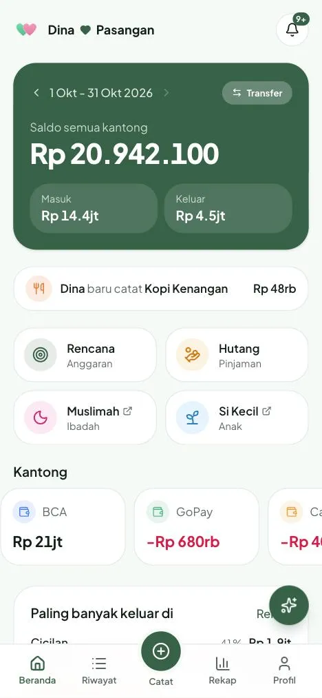 Beranda CatatKita: saldo, kantong, dan aktivitas pasangan